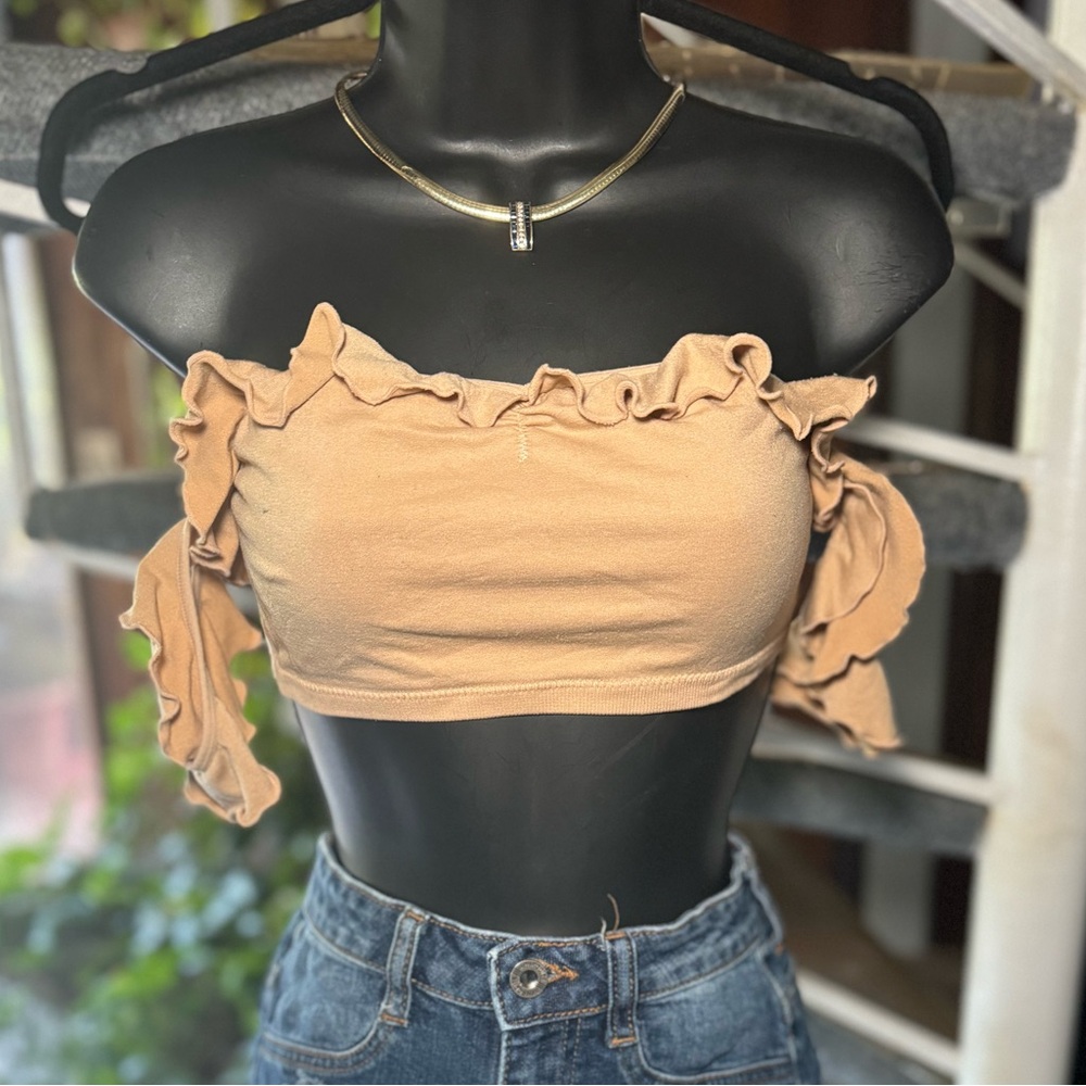 Ruffled Off-Shoulder Tan Top